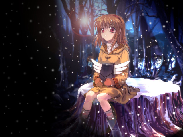 Girl sitting tree stump snow free wallpaper for desktop - medium preview image