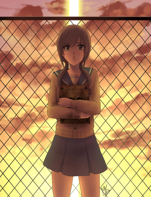 Girl fence arms crossed sunset free wallpaper for mobile - medium preview image