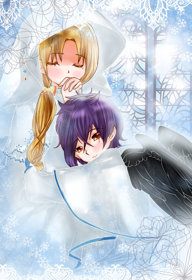 Anime characters hugging snowy scene free wallpaper for mobile - medium preview image