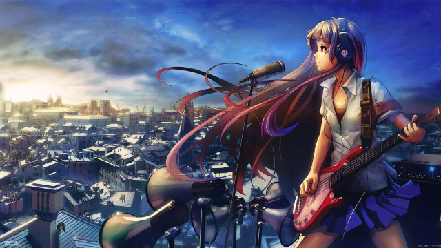 Girl headphones guitar cityscape microphone free wallpaper for desktop - medium preview image