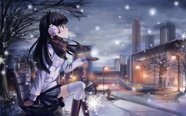 Girl bench snow headphones city #2 free wallpaper for desktop - medium preview image