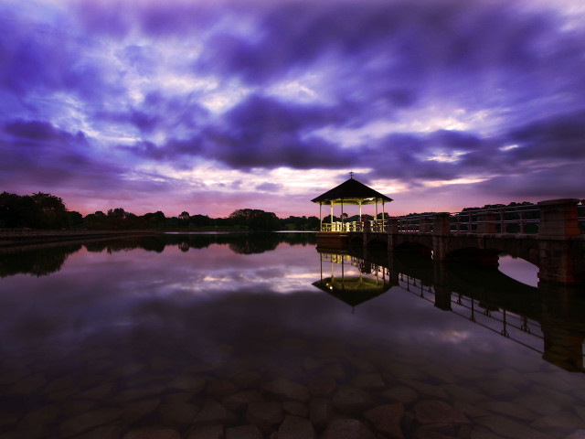 Gazebo lake sunset purple sky free wallpaper for desktop - medium preview image