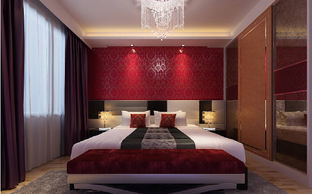 Bedroom red wall white bed free wallpaper for desktop - medium preview image