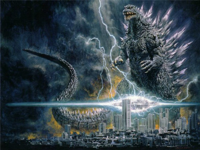 Godzilla vs godzilla city painting free wallpaper for desktop - medium preview image