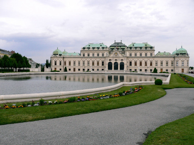 Large building pond walkway leading free wallpaper for desktop - medium preview image