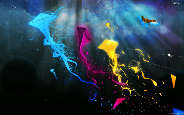 Kites flying sky planet clouds free wallpaper for desktop - medium preview image