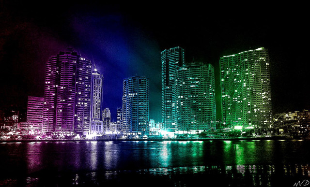 City skyline rainbow light reflection free wallpaper for desktop - medium preview image