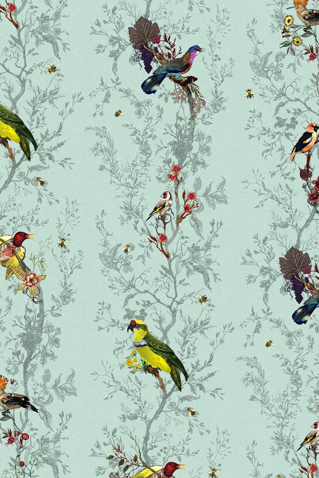 Birds flowers blue green pattern free wallpaper for mobile - medium preview image