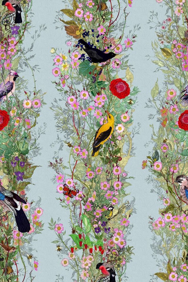 Blue background birds flowers pattern free wallpaper for mobile - medium preview image