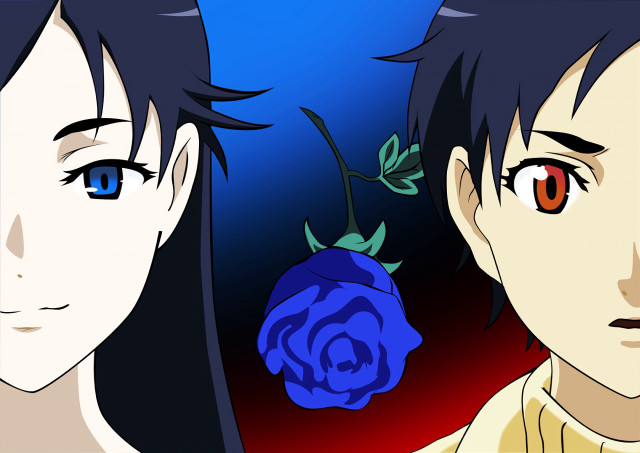 Anime characters red eyes blue free wallpaper for desktop - medium preview image