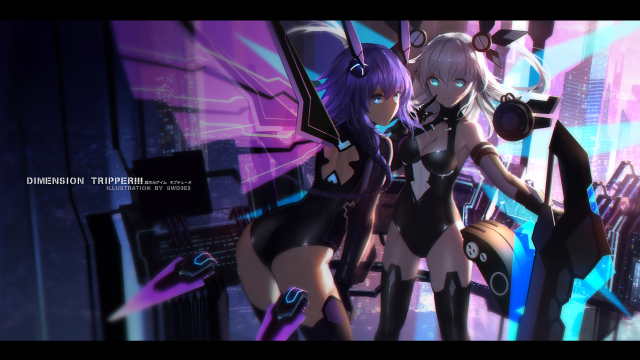 Anime girls futuristic city purple free wallpaper for desktop - medium preview image