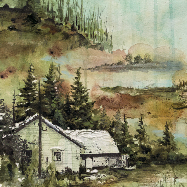 House woods mountain lake painting free wallpaper for tablet - medium preview image