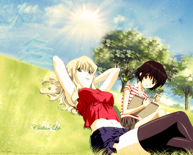 Anime girls grass field sunny free wallpaper for desktop - medium preview image