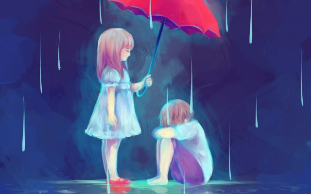 Two little girls rain umbrella free wallpaper for desktop - medium preview image