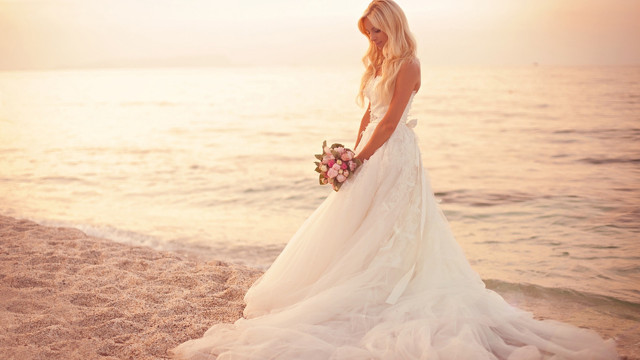 Woman wedding dress beach sunset free wallpaper for desktop - medium preview image
