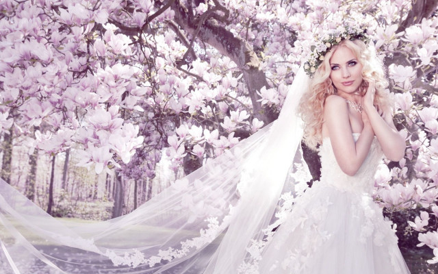 Wedding dress woman tree flowers free wallpaper for desktop - medium preview image