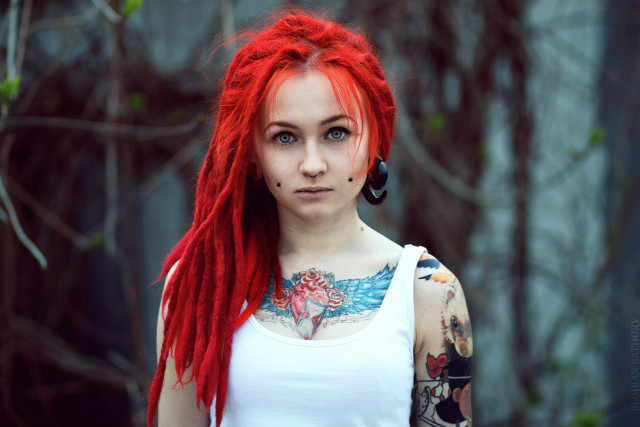 Woman red hair piercings forest free wallpaper for desktop - medium preview image