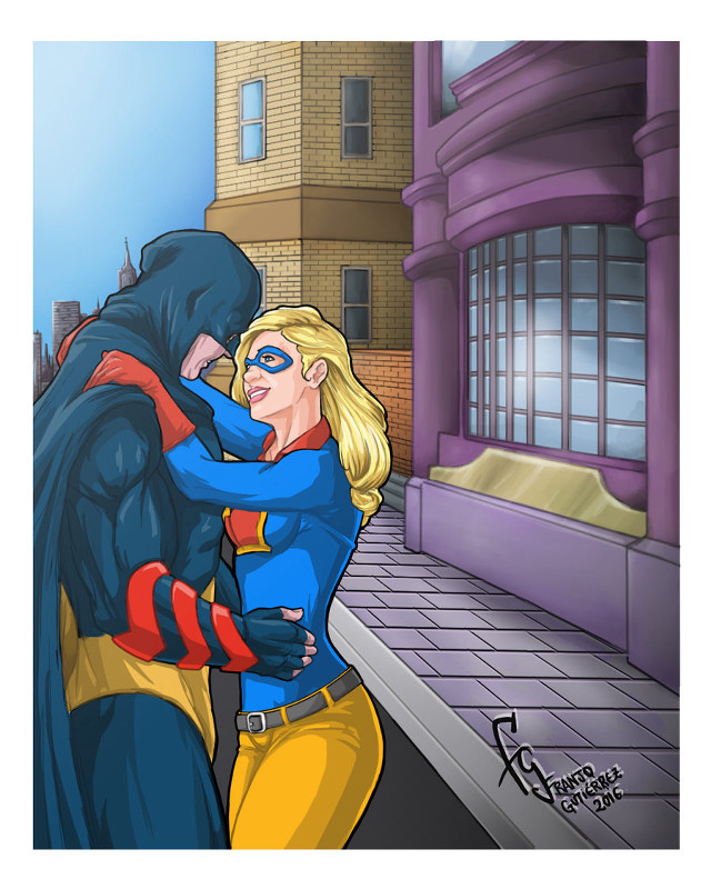 Woman hugging batman city street free wallpaper for mobile - medium preview image