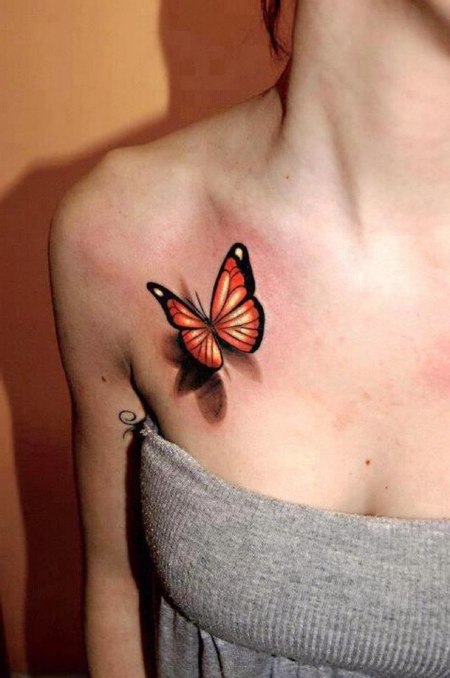 Woman butterfly tattoo chest realistic free wallpaper for mobile - medium preview image