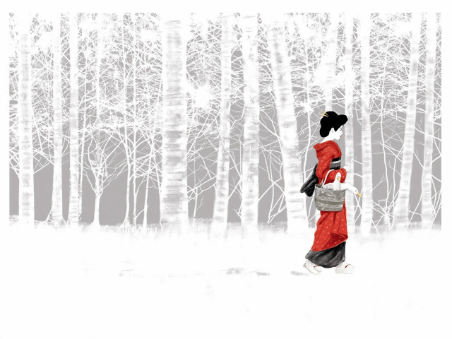 Woman red dress walking forest #2 free wallpaper for desktop - medium preview image