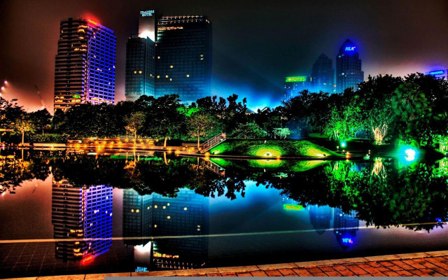 City skyline lake trees nighttime #2 free wallpaper for desktop - medium preview image