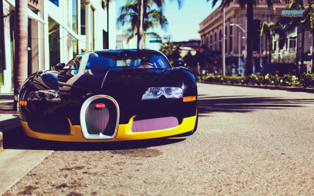 Bugatti parked road building sunny free wallpaper for desktop - medium preview image