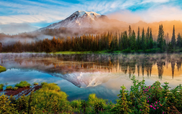 Mountain lake trees foggy sky free wallpaper for desktop - medium preview image