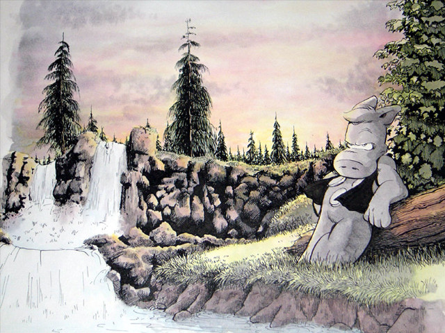 Bear sitting log waterfall trees free wallpaper for desktop - medium preview image