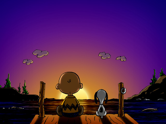 Cartoon boy dock sunset water free wallpaper for desktop - medium preview image