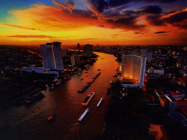 River boats city sunset colorful free wallpaper for desktop - medium preview image