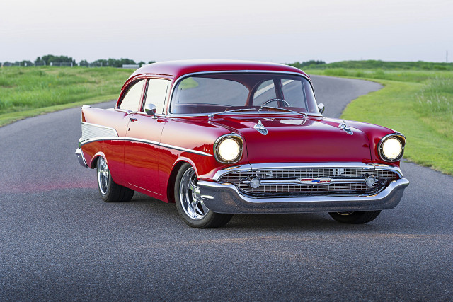 Red classic car driving road #2 free wallpaper for desktop - medium preview image