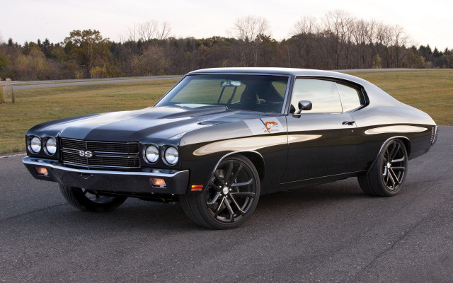 Black muscle car road grass free wallpaper for desktop - medium preview image