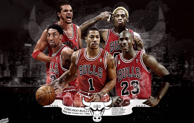 Bulls basketball players city background free wallpaper for desktop - medium preview image