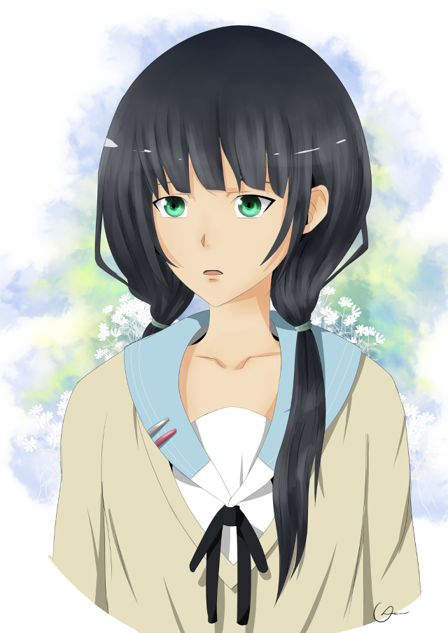 Anime girl black hair green free wallpaper for mobile - medium preview image