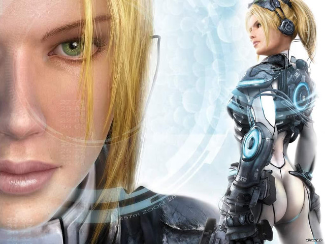 Futuristic woman suit headphones helmet free wallpaper for desktop - medium preview image