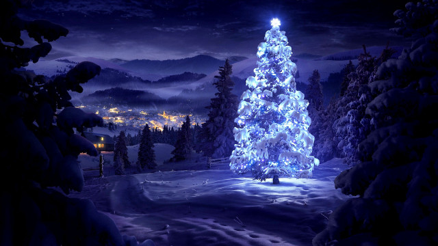 Christmas tree snowy landscape night free wallpaper for desktop - medium preview image