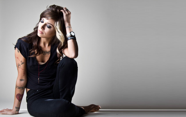 Woman tattoos sitting floor hands free wallpaper for desktop - medium preview image