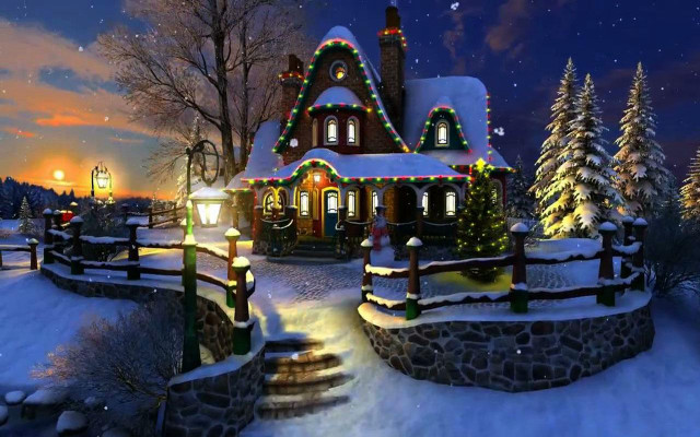 Christmas house lights snow night free wallpaper for desktop - medium preview image