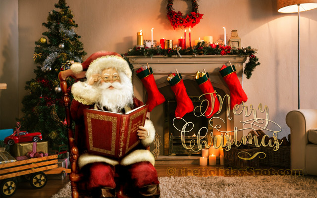 Santa claus reading book fireplace free wallpaper for desktop - medium preview image