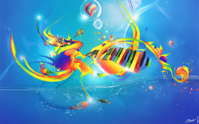 Colorful piano fish bubbles blue free wallpaper for desktop - medium preview image