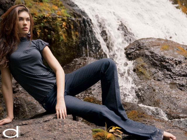 Woman sitting rock waterfall cigarette free wallpaper for desktop - medium preview image