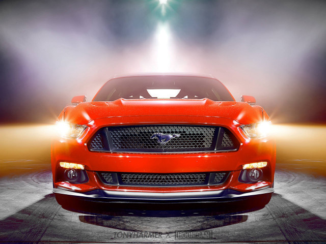 Red mustang car spotlight headlights free wallpaper for desktop - medium preview image