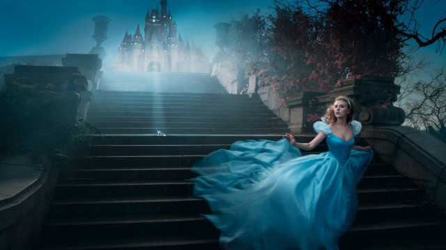 Woman blue dress stairs castle free wallpaper for desktop - medium preview image