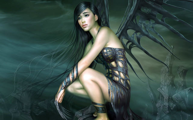 Woman dragon body wings kneeling free wallpaper for desktop - medium preview image