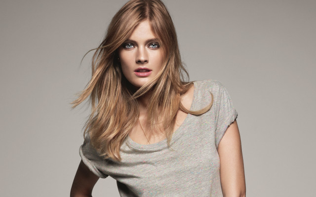 Woman longhair grayshirt pose blondelook free wallpaper for desktop - medium preview image