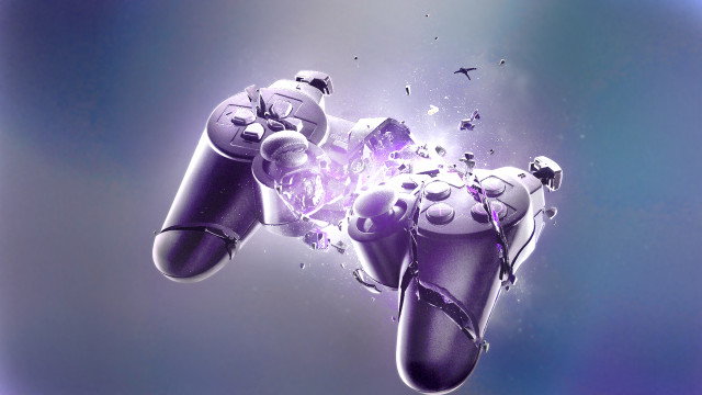 Purple video game controller flying free wallpaper for desktop - medium preview image