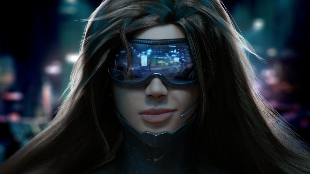 Futuristic woman helmet goggles city free wallpaper for desktop - medium preview image