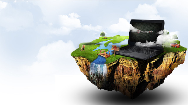 Laptop floating island lake bridge free wallpaper for desktop - medium preview image