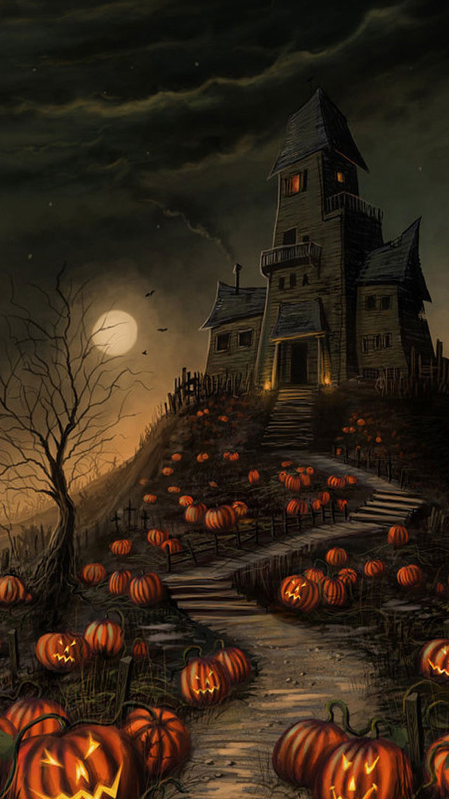 Halloween scene pumpkins house hill free wallpaper for mobile - medium preview image
