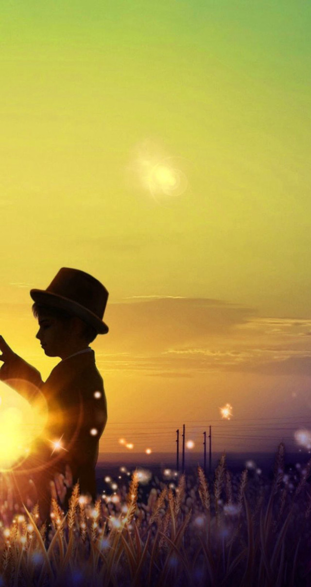 Boy hat kite field sunset free wallpaper for mobile - medium preview image